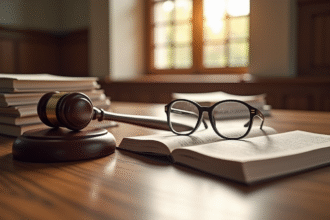 Table de tribunal avec documents et marteau de juge