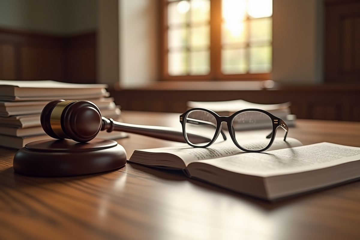 Table de tribunal avec documents et marteau de juge