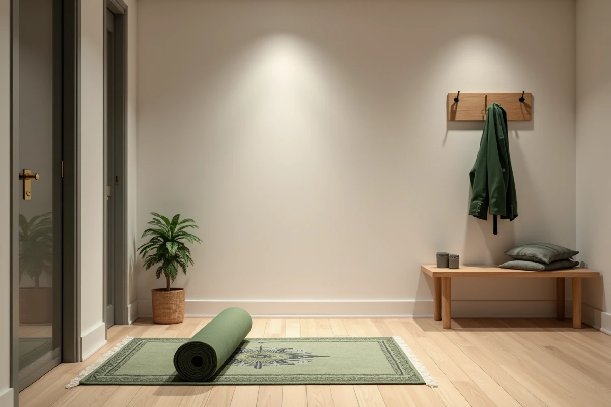 Salle de prière aménagée dans un immeuble de bureaux parisien avec tapis de prière et boussole de qibla