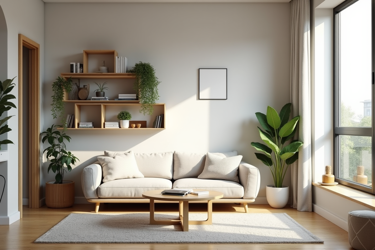 Petit salon scandinave moderne avec canapé et plantes