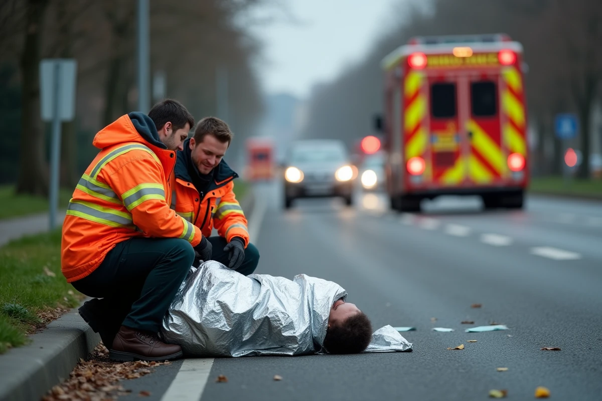 Secouristes du SAMU intervenant auprès de blessés sur les lieux d'un accident à Lorient
