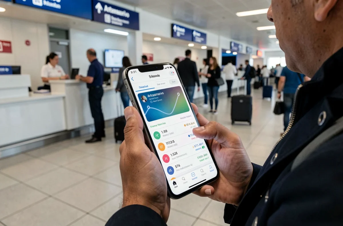 Gros plan sur un smartphone affichant les horaires de vol vers Madagascar tenu par un voyageur au comptoir d'enregistrement
