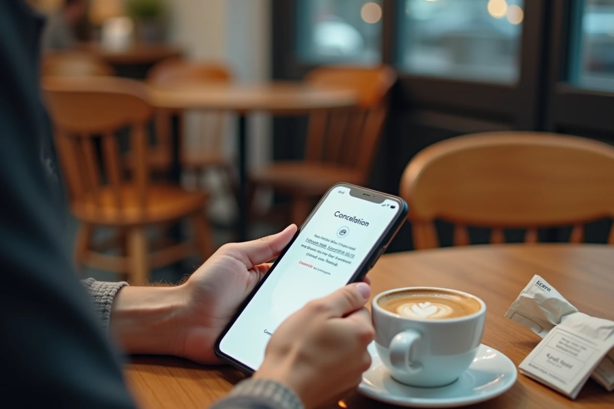 Mains tenant un smartphone avec une demande de remboursement et un billet froissé dans un café