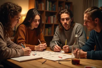 Groupe d'amis adultes réunis autour d'une table en bois pour résoudre des énigmes de logique difficiles lors d'une soirée conviviale