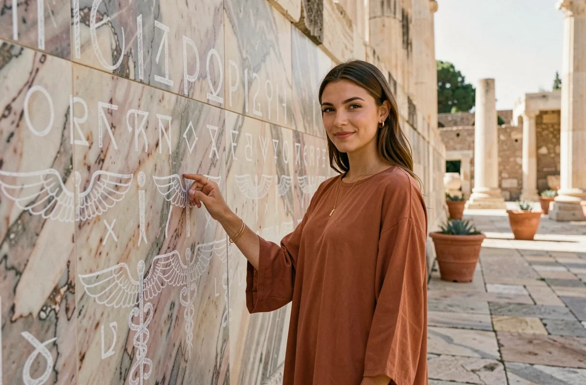 Jeune femme explorant des symboles grecs anciens et le caducée d'Hermès sur un mur de pierre dans un site archéologique