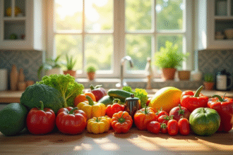 Table de cuisine avec fruits et légumes frais en forme de U