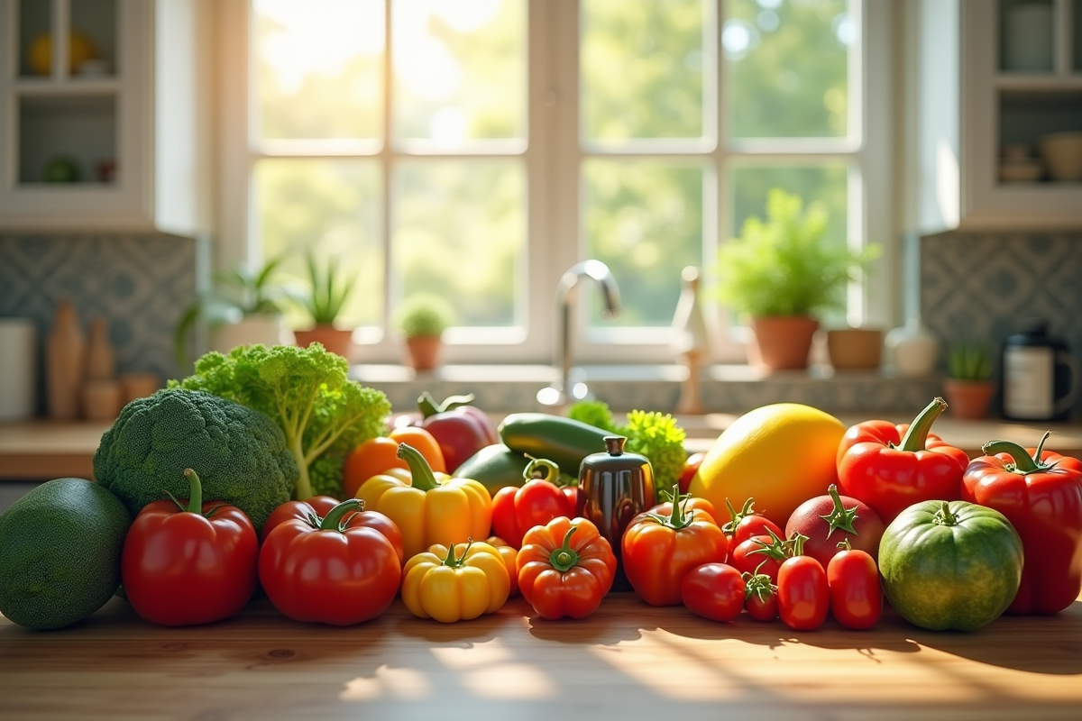 Table de cuisine avec fruits et légumes frais en forme de U