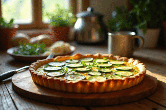 Tarte courgette et chèvre fraîche sur table ensoleillée