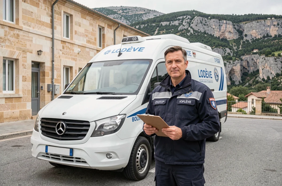 Professionnel de transport médical devant un véhicule taxi-ambulance à Lodève pour Taxi Ambulances De Lodève