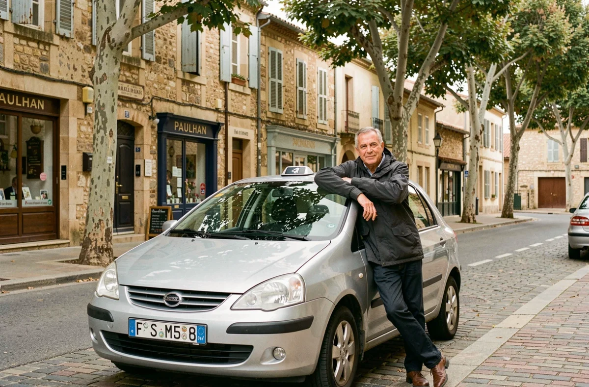 Chauffeur de taxi devant son véhicule dans le bourg de Paulhan pour Taxi Paulhan