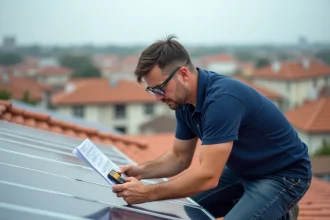 Technicien solaire inspectant des panneaux photovoltaïques sur un toit résidentiel avec un multimètre pour dimensionner une installation en kilowatts