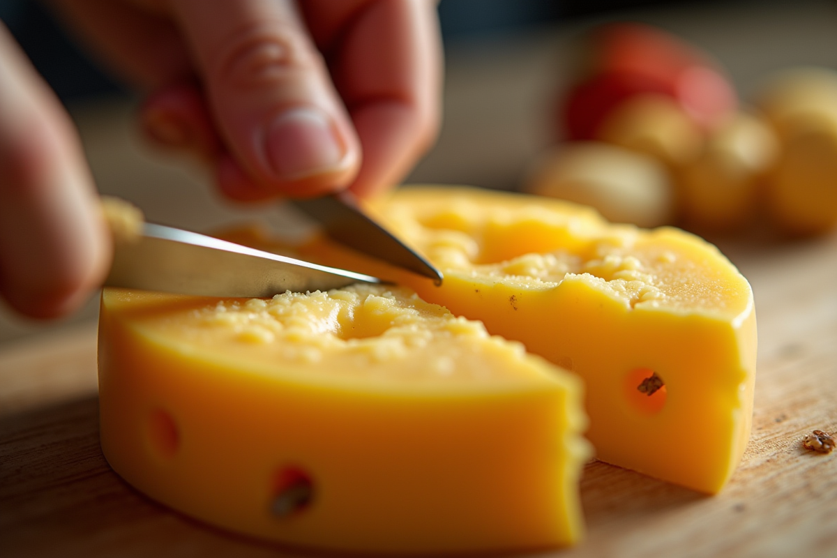 Main coupant un morceau de fromage corse avec larves visibles