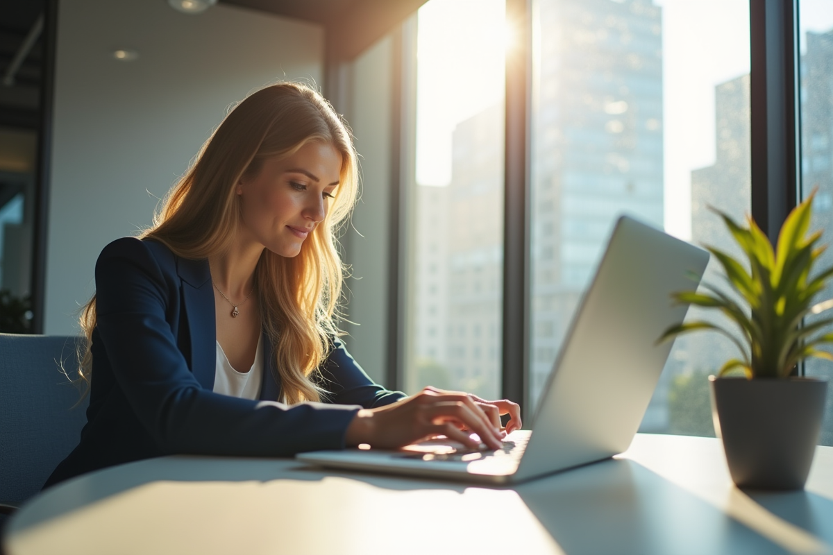 Professionnel au bureau moderne utilisant un ordinateur portable