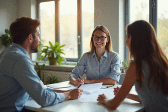 Travailleur social souriant conseillant un couple dans un bureau lumineux