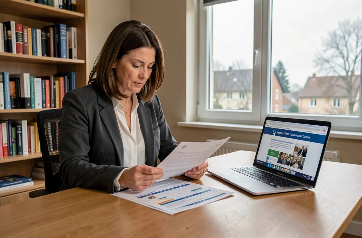 Femme travaillant à domicile en Moselle, consultant un calendrier de jours fériés et un contrat de travail de salarié frontalier