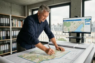 Urbaniste consultant des cartes cadastrales et topographiques sur le service Géoportail dans un bureau municipal moderne
