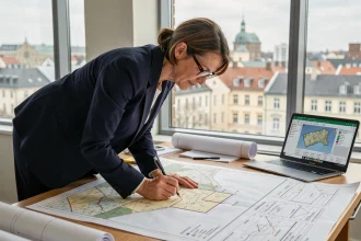 Urbaniste professionnelle étudiant des plans cadastraux et données de conversion de surfaces en m2 dans un bureau d'urbanisme moderne