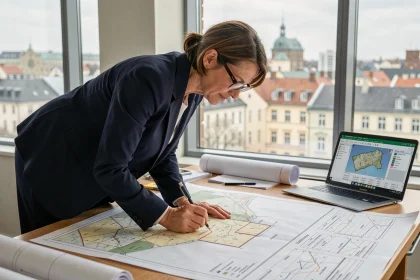 Urbaniste professionnelle étudiant des plans cadastraux et données de conversion de surfaces en m2 dans un bureau d'urbanisme moderne
