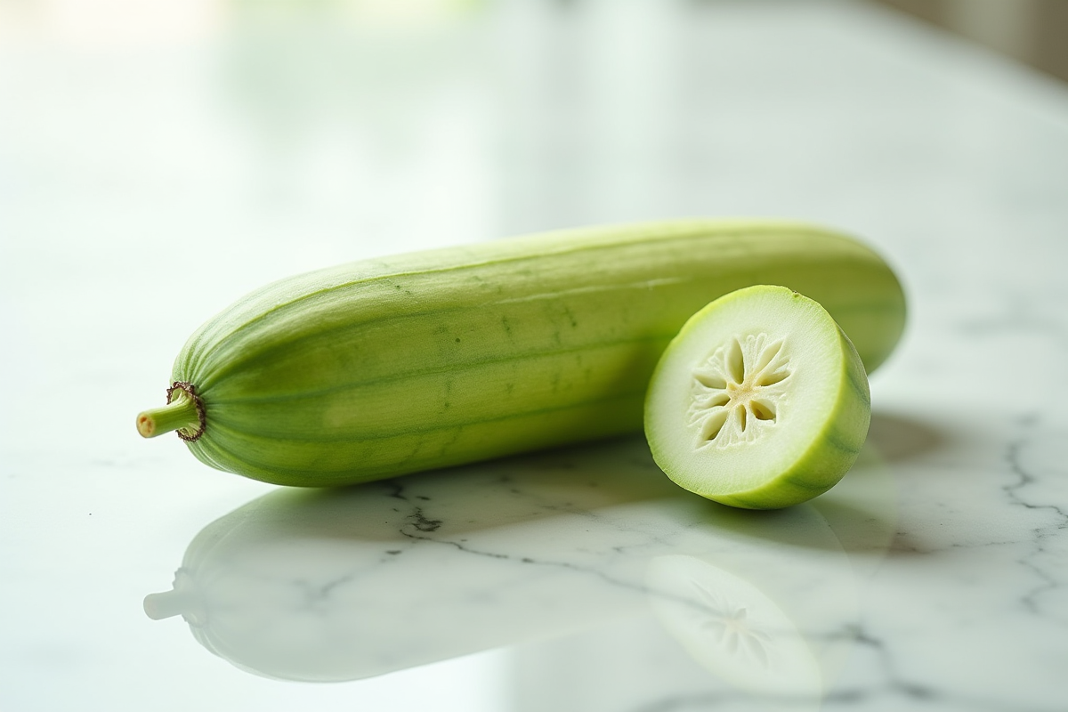 Courgette verte coupée en deux sur surface blanche