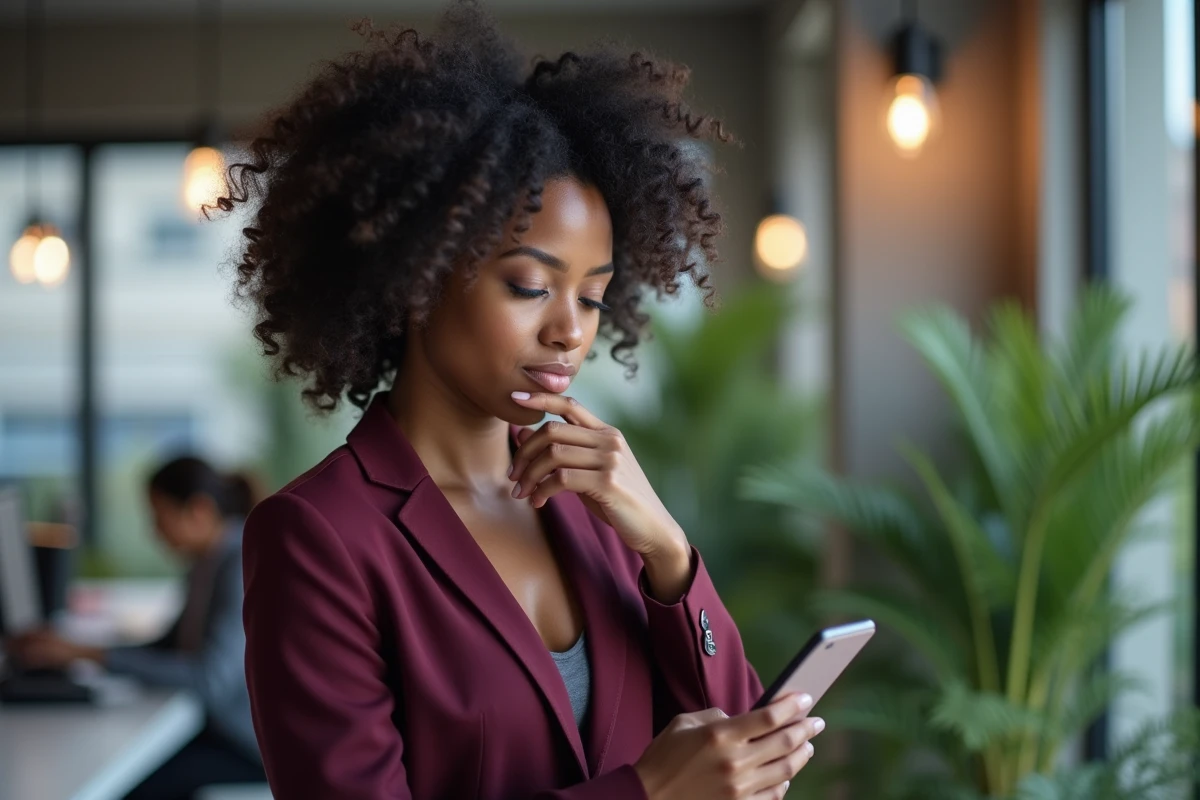 Femme professionnelle vérifiant un numéro de téléphone inconnu via les Pages Blanches sur mobile en espace de coworking