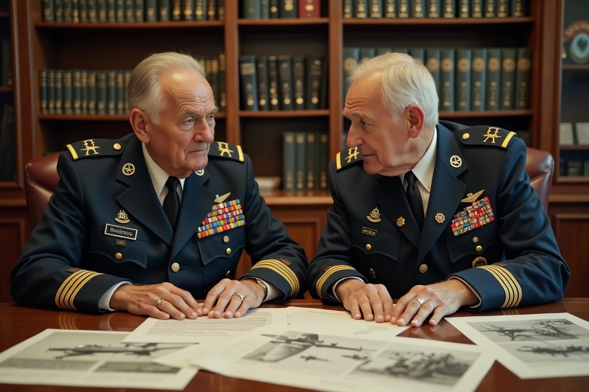 Deux vétérans de l'aviation militaire discutant de missions du F-4 Phantom autour de documents et photographies d'époque dans une salle d'archives