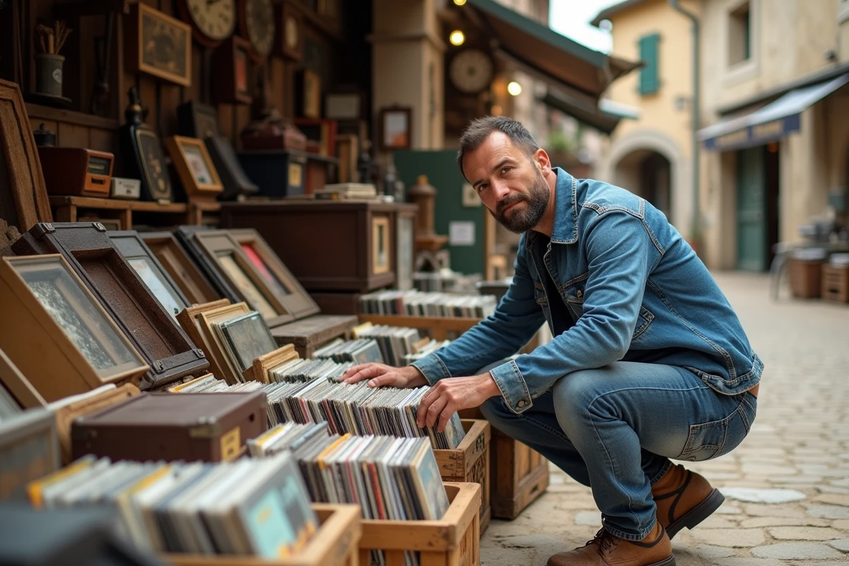 Homme fouillant des vinyles anciens sur un vide-grenier en Aveyron lors d'un marché de brocante