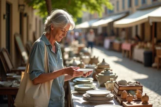 Femme chinant de la vaisselle ancienne sur un vide-grenier en plein air dans un village du Lot