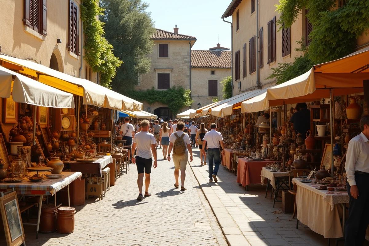 Vue d'ensemble d'un grand vide-grenier de village dans le Lot-et-Garonne avec nombreux exposants et chineurs
