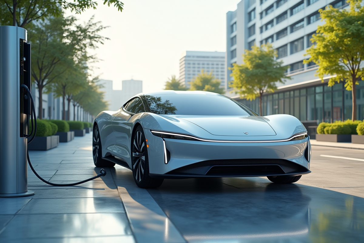 Voiture électrique autonome en charge dans un environnement futuriste