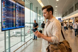 Voyageur consultant le tableau des horaires de vol dans un aéroport international avant un départ pour Madagascar